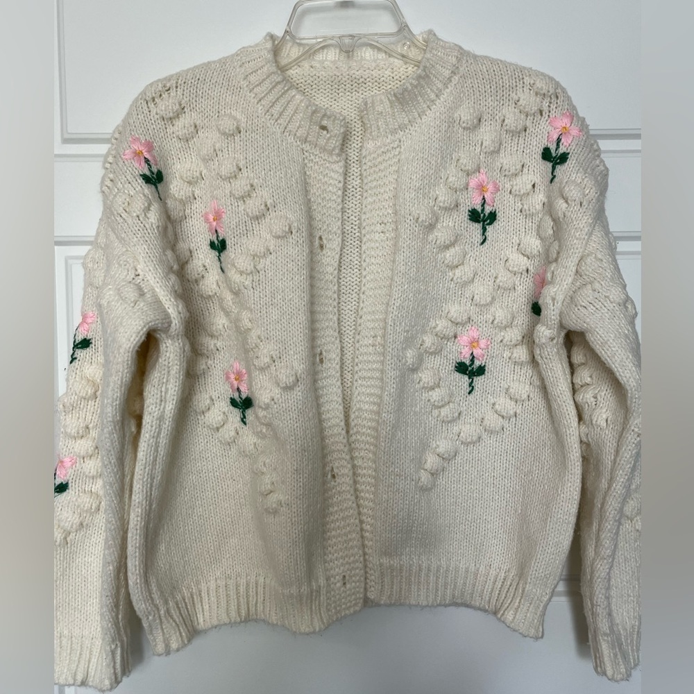 Floral Knit Cardigan Cottagecore Grandma Chic Sweater Feminine Girlhoodcore M